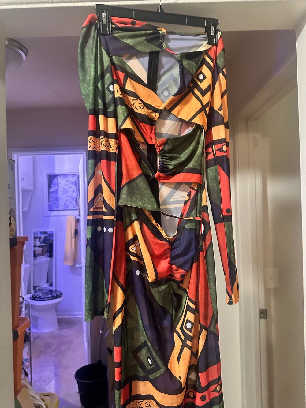 Abstract Geo-Print Long Sleeve Cutout Dress - Multicolor